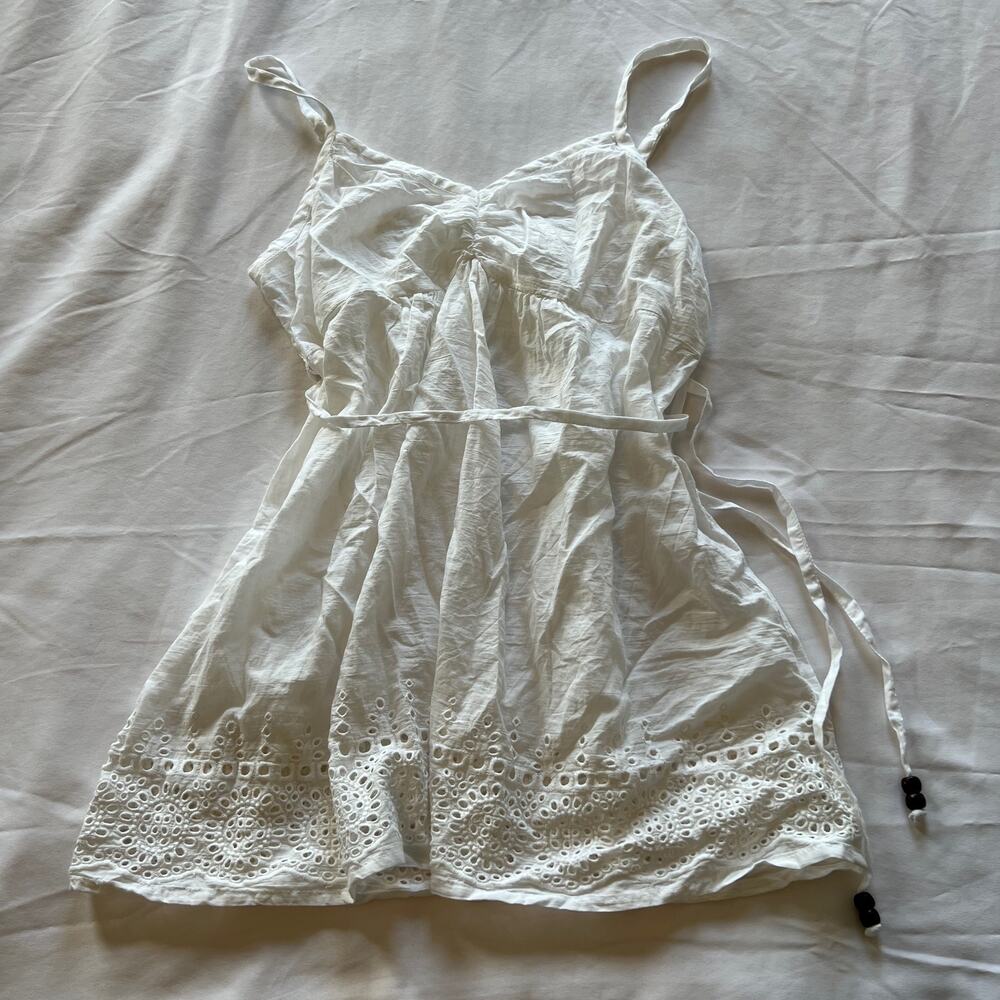 White flowy cotton babydoll eyelet lace tank beaded tie waist straps S